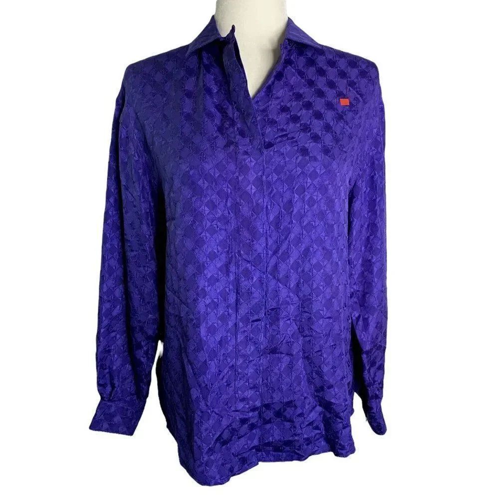 Vintage Tahari Silk Hidden Button Down Shirt 4 Blue Diamonds Long Sleeve Collar